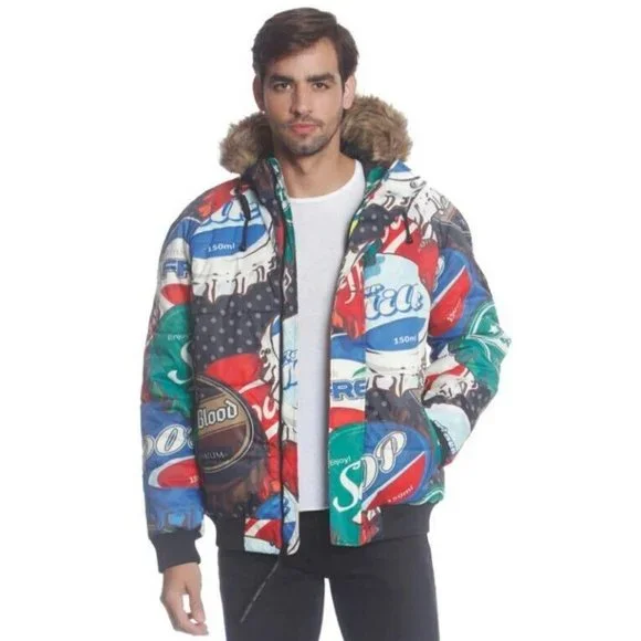 Members Only Mens Size M Black Soda Bottle Cap Jacket Faux Fur Hooded Puffer - Picture 3 of 7